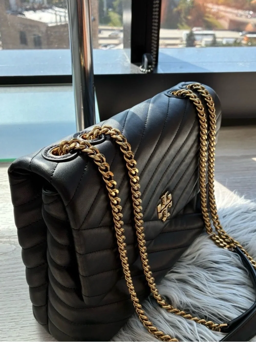 Tory Burch Black Quilted Shoulder Bag with Gold Chain Strap